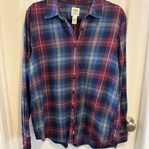 Blake Shelton Lands End Blue Red Plaid Button Front Cotton Flannel Shirt L 14-16